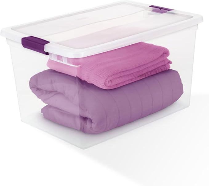 Sterilite 66 Qt ClearView Latch Storage Box, Stackable Bin with Latching Lid, Organize Clothes, Blankets, Items in Closet, Clear Base and Lid, 12-Pack | Clear Plastic Organizers with Color Accent Latches for Closet, Bedroom, Shelving Units, Dorm Room a...