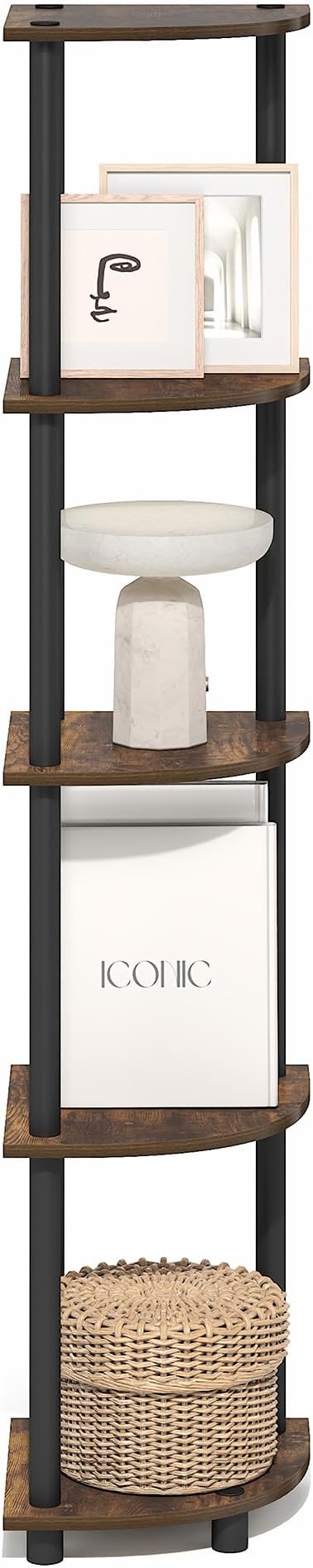 Furinno Turn-N-Tube Corner Shelf, 5-Tier Corner Bookshelf, Open Storage Shelves, for Organization and Storage, Living Room, Home Office, Garage, Bedroom, Amber Oak