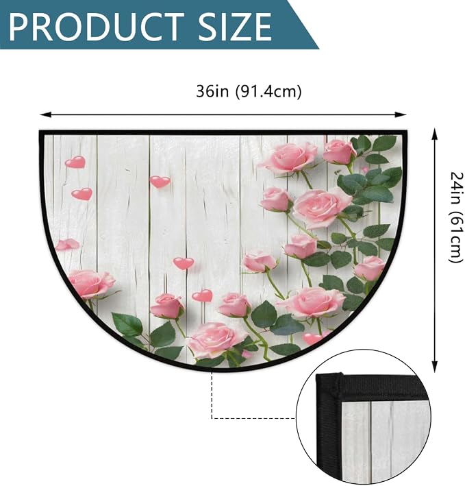 Wooden Half Round Doormat Non-Slip Semi Circle Rug Half Moon Mat | Pink Rose Flower Washable Soft Absorbent Indoor Outdoor Entrance Kitchen Bathroom Sink Patio Welcome Fireplace Floor Rug