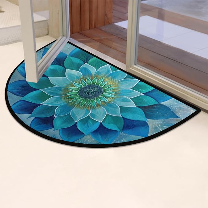 Mandala Half Round Doormat Non-Slip Semi Circle Rug Half Moon Mat | Teal Ethnic Flower Washable Soft Absorbent Indoor Outdoor Entrance Kitchen Bathroom Sink Patio Welcome Fireplace Floor Rug