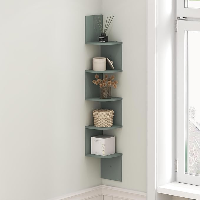 Furinno Rossi Floating Book Shelves for Wall, 5-Tier Zigzag Corner Shelf Wall Mounted, Radial Corner Floating Shelf, for Living Room, Bedroom, Bathroom, Home Office, Sage Green