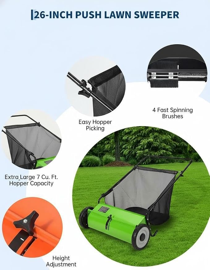 GarveeLife 26 Inch Push Lawn Sweeper with 4 Spinning Brushes, 7 Cu.ft Large Capacity Leaf Collector, Adjustable Height Grass Sweeper, All Terrain Lawn Leaf Debris Removal Tool for Yard Garden Patio