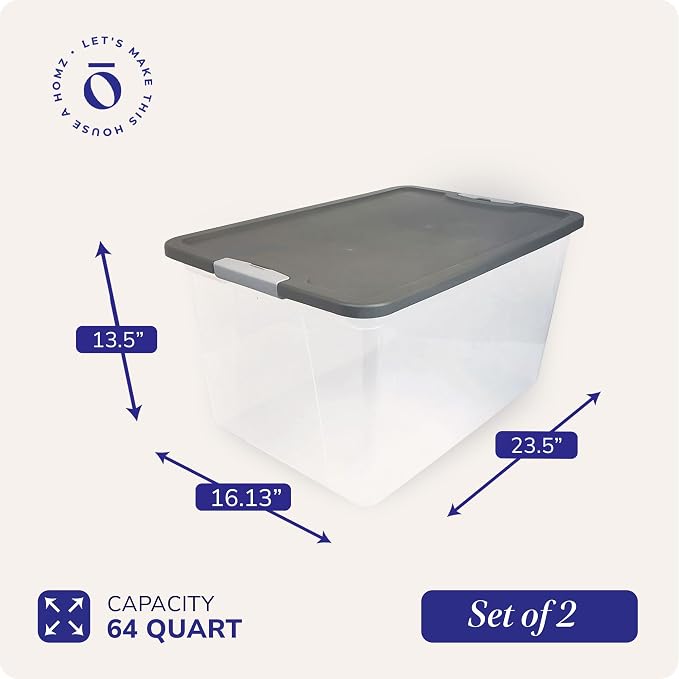 HOMZ 4-Pack Secure Latch, Clear Plastic Storage Organizer Bins, 64 Quart, Gray Lid - Stackable Container Boxes for Bedroom, Bathroom, Garage, and Office Organization