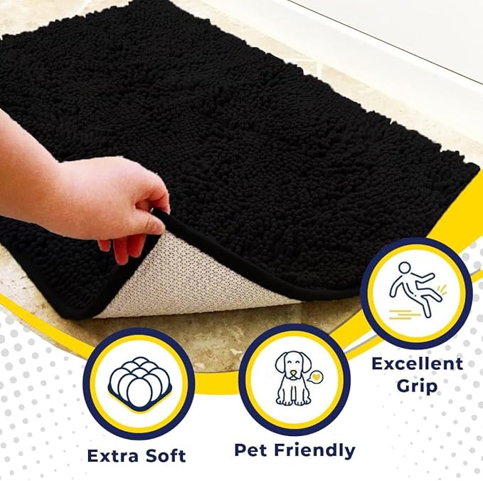 Muddy Mat® | Super Water Absorbent Door Mat Indoor, Microfiber Quick Dry Chenille Entryway Rug, Slip Resistant Front Door Mat, Indoor Mats for Entryway, Machine Washable Pet Rug, Black 22" x 36"
