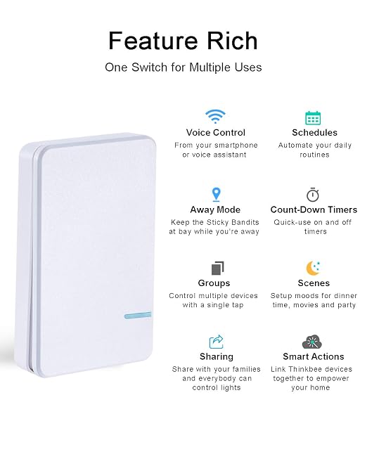 Smart Light Switch - Thinkbee 2.4Ghz WiFi Wireless Light Switch kit | Compatible with Alexa, Google Assistant and IFTTT, Outdoor 1969ft Indoor 328ft Remote Control, No Hub Required, Ceiling Lamp