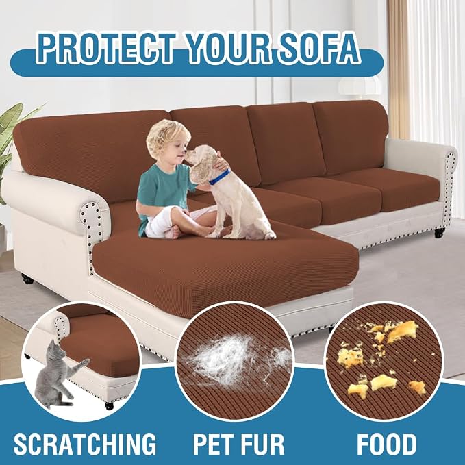 H.VERSAILTEX Sectional Couch Covers 8 Pieces Stretch Sofa Covers for Sectional Sofa Set Separate L Shaped Couch Cover for Both Left/Right Couch (Seat and Back: 1 Chaise + 3 Sofa, Caramel)