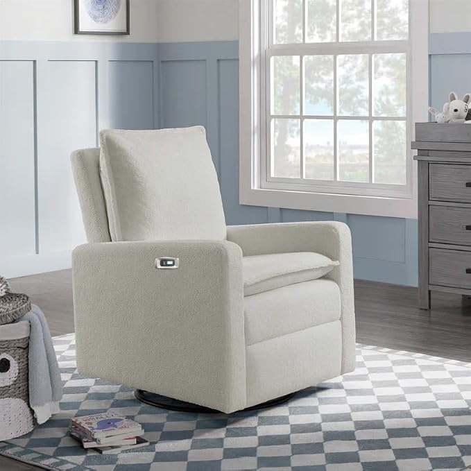 Oxford Baby Uptown Power Upholstered Glider Recliner Rocking Chair 270° Swivel for Nursery and Living Room – Boucle White, Green Guard Gold Certified