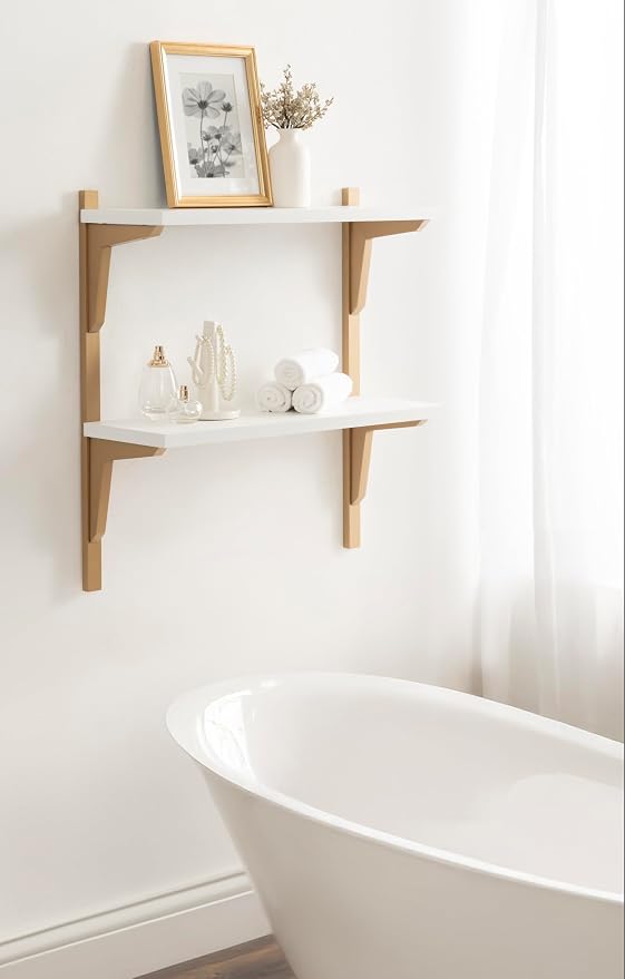 Kate and Laurel Meridien Modern Two-Tier Wooden Shelves, 24 x 8 x 24, White and Gold, Stunning Tiered Wall Shelf for Storage and Display as Cute Nursery Shelving or Bedroom Storage
