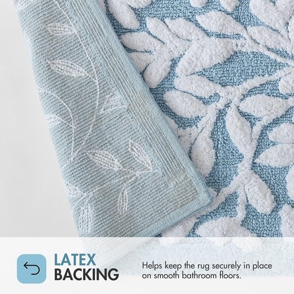 Madison Park Serene Tufted Bath Rug Cotton Absorbent, 24 x 60, Blue | Quick Dry, Soft Pile, Machine Washable, Floral Pattern, Plush, OEKO-TEX Certified