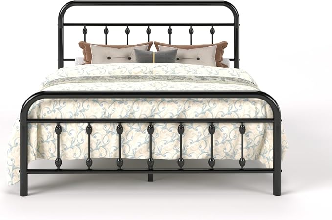 SHA CERLIN Queen Metal Bed Frame with Victorian Iron-Art Headboard, Black | Victorian Iron-Art Headboard and Footboard, Easy Assembly, Under Bed Storage, No Box Spring Required