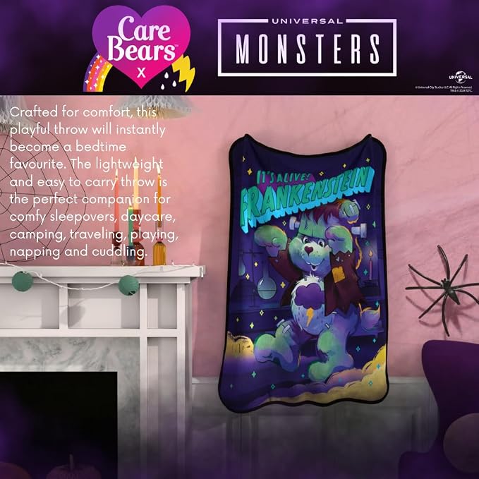 Care Bears X Universal Monsters Frankenstein Halloween Bedding Super Soft Plush Throw, 46 in x 60 in, (Officially Licensed Product) by Franco