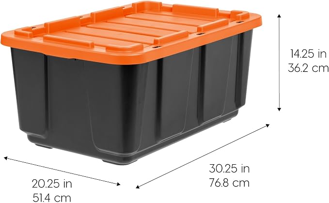 IRIS USA 3-Pack 27 Gal Heavy Duty Storage Tote Bins with Lids, Orange | Large-capacity design stores seasonal gear, moving supplies and equipment, Stackable shape supports efficient organization