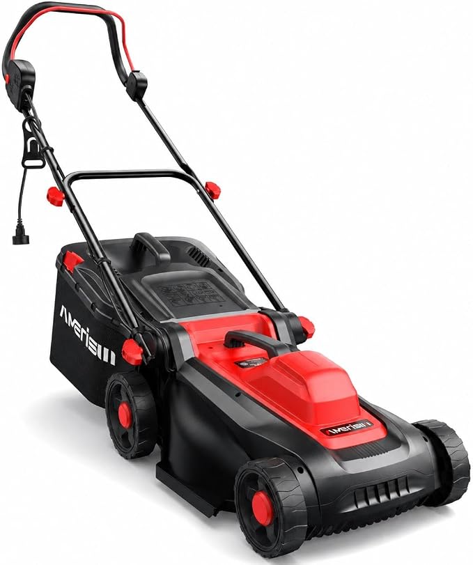 AMERISUN 14-Inch Corded Electric Lawn Mower, 12.5 Amp 3400RPM 2IN1 Mulching & 10-Gallon Collection Bag, Push Mower with 6-Position Cutting Height, Lightweight Electric Mower for Residential Yards