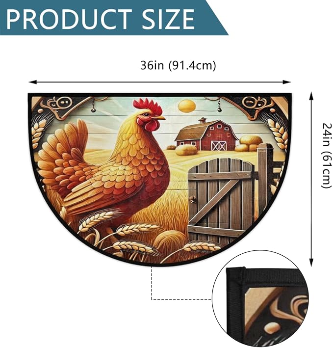Rooster Half Round Doormat Semi Circle Rug Half Moon Rug Entryway Mat | Rooster Farm Washable Non Slip Outdoor Floor Rug Kitchen Mat for Indoor Outdoor Bathroom Fireplace Bath Decor