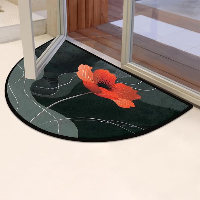 Pardick Half Round Doormat Semi Circle Rug Red Poppy Flower Non Slip Indoor Outdoor Entrance Half Moon Rug Absorbent Durable Washable Front Floor Mat for Kitchen Bathroom Patio Fireplace