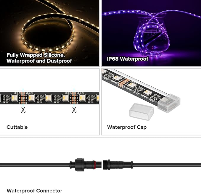 BTF-LIGHTING IP68 Waterproof Outdoor RGBW LED Strip 5050SMD RGB+Warm White(3000K-3500K) 4 Colors in 1 DC24V 16.4ft 5m 60LED/m Multi-Colored Tape Lights Can Work Outdoor(No Adapter or Controller)