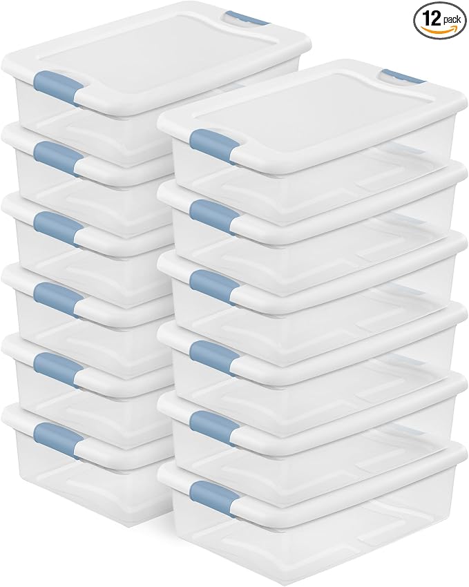 Sterilite Latching Box with Lids for Home and Office, 32 Quart, 12-Pack | Heavy-Duty and Stackable Plastic Containers with Latches for Closet, Cabinet, Bedroom, Bathroom and Dorm Room Organization