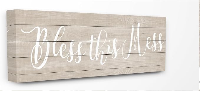 Stupell Industries Bless This Mess Family Home Inspirational Word Textured Wood Design Stretched Canvas Wall Art by Anna Quach, 10 x 1.5 x 24, Multi-Color