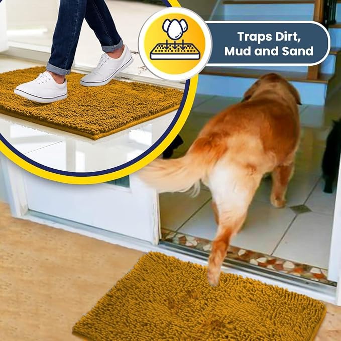 Muddy Mat® | Super Water Absorbent Door Mat Indoor, Microfiber Quick Dry Chenille Entryway Rug, Slip Resistant Front Door Mat, Indoor Mats for Entryway, Machine Washable Pet Rug, Gold 2ft x 4ft