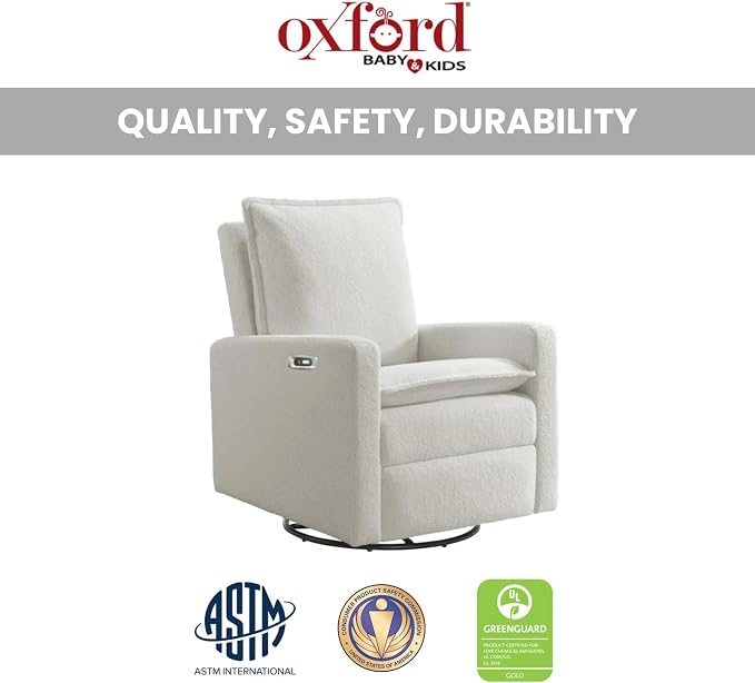 Oxford Baby Uptown Power Upholstered Glider Recliner Rocking Chair 270° Swivel for Nursery and Living Room – Boucle White, Green Guard Gold Certified