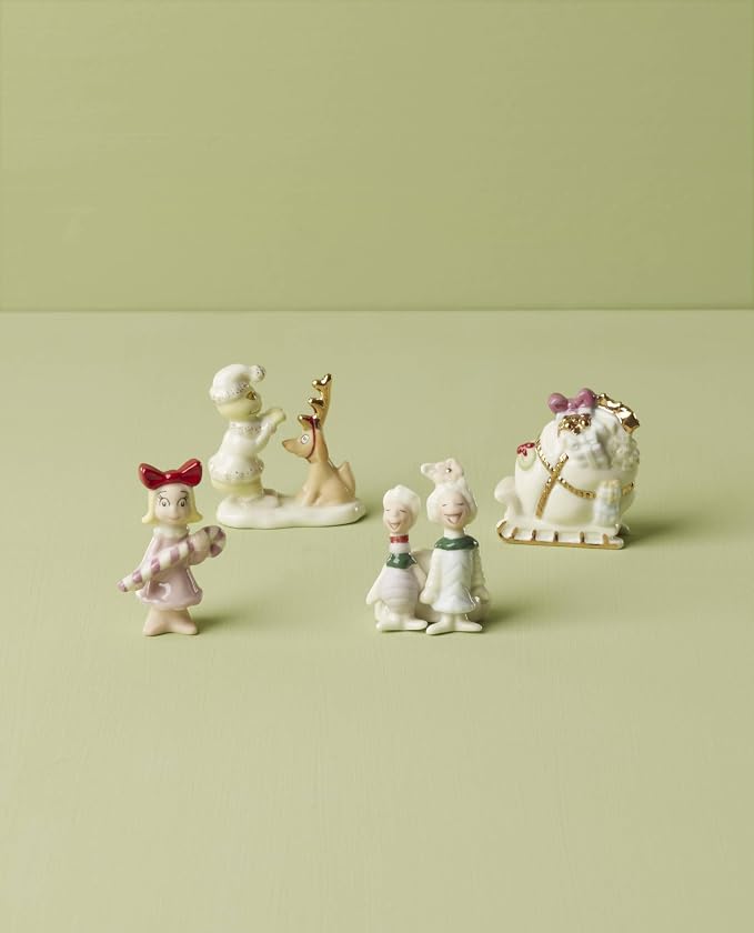 Lenox Dr. Seuss Who-Ville Accessories 4-Piece Christmas Figurine Set | porcelain with 24k gold accents | includes grinch, max, cindy lou who, and carolers | collectible gift for grinch fans
