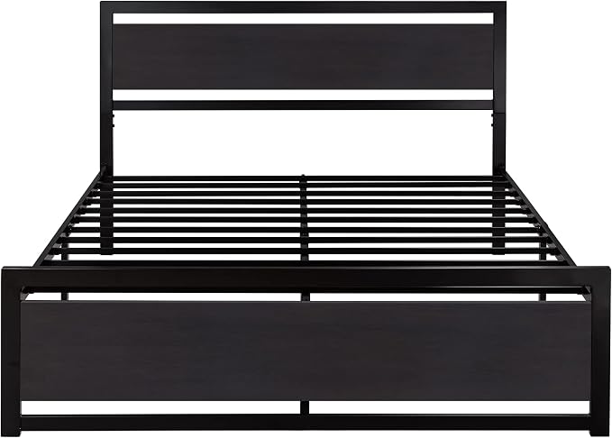 SHA CERLIN Heavy Duty Full Size Bed Frame with Modern Headboard, Black | Platform Metal Base with Square Footboard and 13 Strong Slats Support, No Box Spring Needed