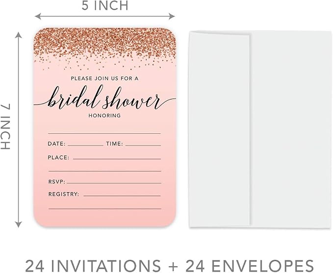 Andaz Press Blush Pink and Rose Gold Glitter Elegant Party Collection, 5x7-inch Invitations with Envelopes, Bridal Shower, 24-Pack, Double Sided Printing, Heavy Card Stock, Includes Envelopes