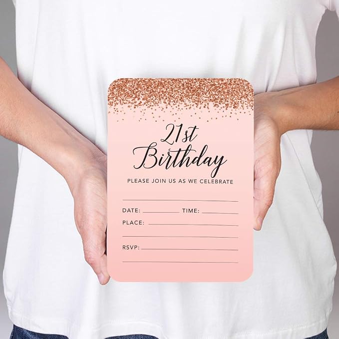 Andaz Press Blush Pink and Rose Gold Glitter Elegant Party Collection, 5x7-inch Invitations with Envelopes, 21st Birthday, 24-Pack, Double Sided Printing, Heavy Card Stock, Includes Envelopes