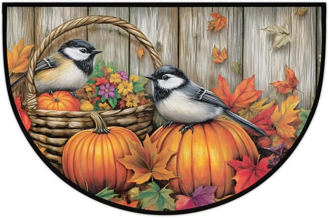 Pumpkin Bird Wood Maple Leaf Half Round Door Mat Non-Slip Soft Doormats for Home Indoor Outdoor Entrance Bath Carpet Area Rugs for Home Dining Living Room Bedroom 36" X 24"