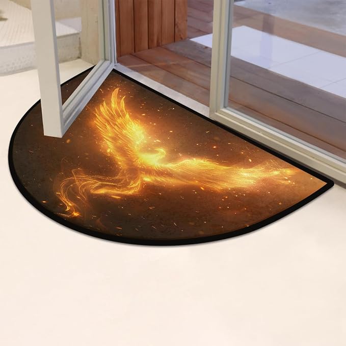 Pardick Half Round Doormat Semi Circle Rug Phoenix Fantasy Gold Non Slip Indoor Outdoor Entrance Half Moon Rug Absorbent Durable Washable Front Floor Mat for Kitchen Bathroom Patio Fireplace
