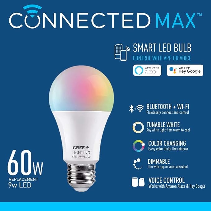 Cree Lighting Connected Max Smart Led Bulb A19 60W Tunable White + Color Changing, 2.4 Ghz, Works with Alexa and Google Home, No Hub Required, Bluetooth + WiFi, 1Pk