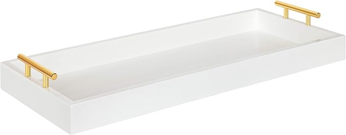 Kate and Laurel Lipton Narrow Decorative Tray with Polished Metal Handles, White and Gold