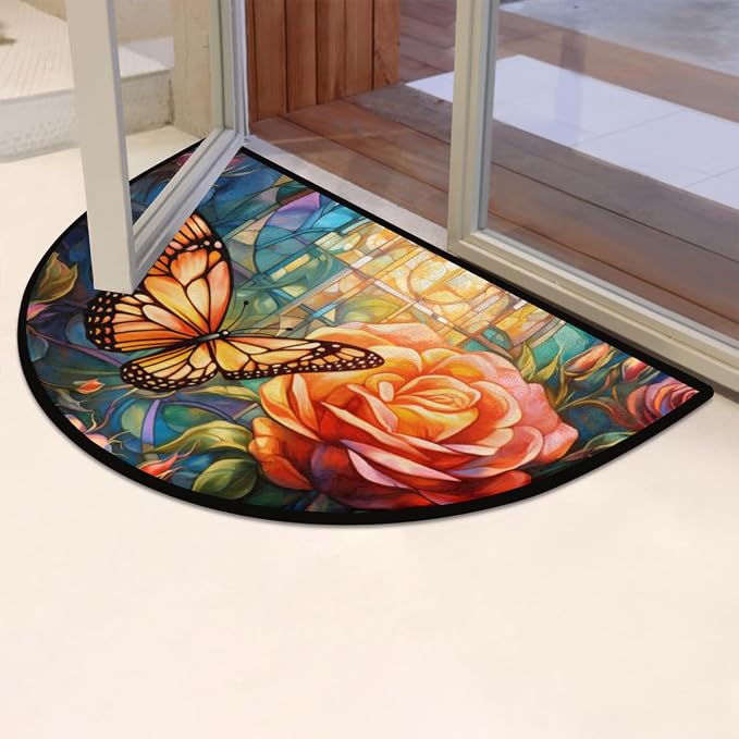 Butterfly Glass Morocco Half Round Door Mat Intdoor Entrance 36x24 Inch, Non-Slip Welcome Mat for Outdoor Semi Circle Bathroom Floor Rugs,House Entry Way Heavy Duty Doormat for Kitchen Living Room