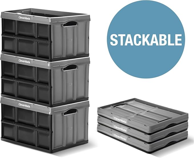 CleverMade Collapsible Storage Bins, 46L, 3 Pack, Stone | Each bin supports 75 lb for groceries, tools, or gear. Interlocking bases stack securely, and the bins fold to 2.75 inches.