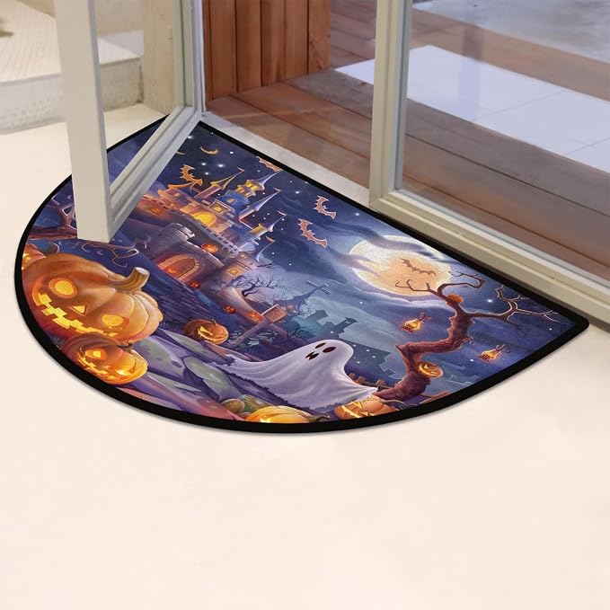 cfpolar Half Round Door Mat Halloween Pumpkin bat Ghosts Non-Slip Semi Circle Area Rug Washable Half Moon Hearth Rugs for Indoor Outdoor Bathroom Kitchen Patio Runner Mat Laundry Room Home Decoration