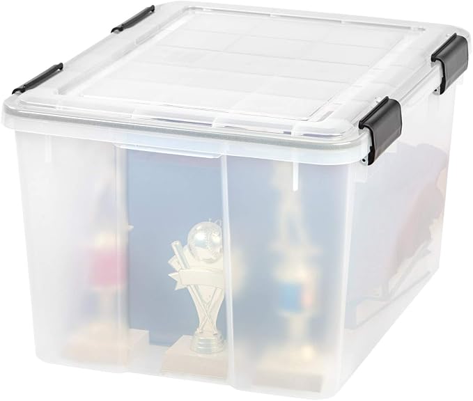 IRIS USA 46 Quart WEATHERPRO Plastic Storage Box with Durable Lid and Seal and Secure Latching Buckles, Clear with Black Buckles, 1 Pack