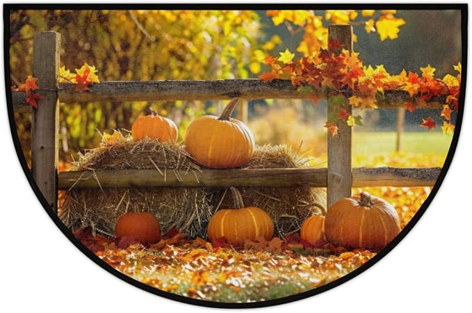 Pumpkin Half Round Doormat Non-Slip Semi Circle Rug Half Moon Mat | Autumn Maple Tree Washable Soft Absorbent Indoor Outdoor Entrance Kitchen Bathroom Sink Patio Welcome Fireplace Floor Rug