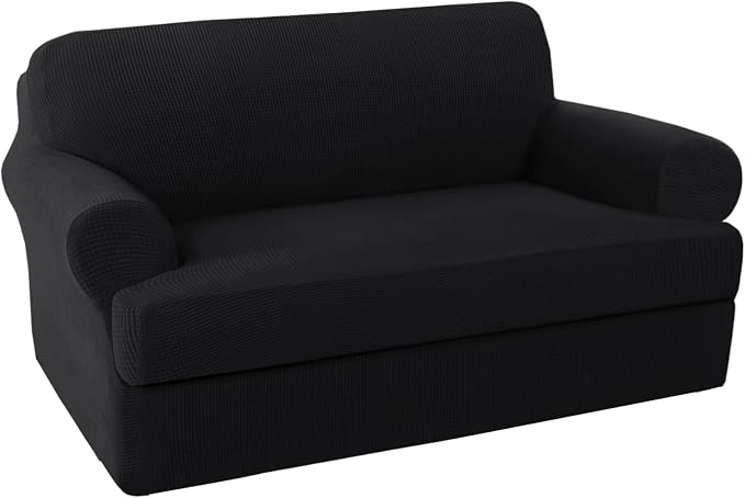 H.VERSAILTEX Loveseat Cover 2 Piece Furniture Protector Sofa Cover for Love Seat Fit Lovesat Width Up to 70 Inch, Durable Spandex Stretch Fabric Slipcover Suit for T/Box Cushion- Loveseat, Black