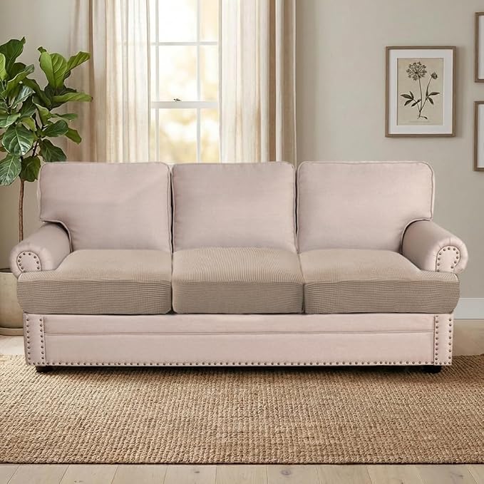 H.VERSAILTEX Stretch 3 Piece T Cushion Sofa Slipcovers Individually Sofa Cushion Covers for 3 Cushion Couch Sofa Seat Cushion Covers with Elastic Bands Featuring Thicker Jacquard Fabric, Sand