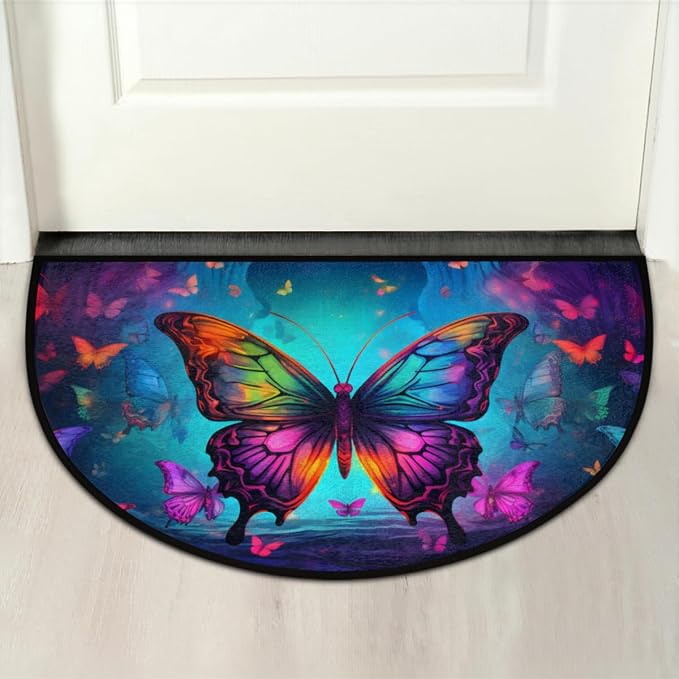 Half Round Door Mat Butterfly Night Sky Intdoor Entrance 36x24 Inch, Non-Slip Welcome Mat for Outdoor Semi Circle Bathroom Floor Rugs,House Entry Way Heavy Duty Doormat for Kitchen Living Room