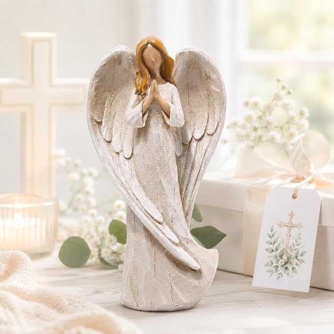 Hodao Praying Angel Figurine Resin Guardian Angel Statue for Home Decor, Elegant White Blessing Sculpture for Shelf Table Mantel, Keepsake Gift for Mom, Women and Family