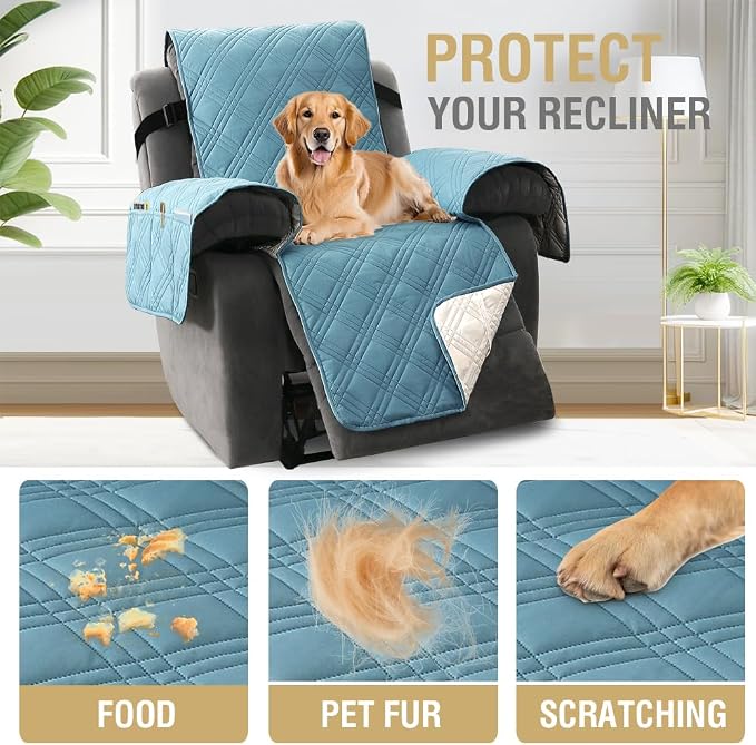 H.VERSAILTEX 100% Waterproof Recliner Covers for Recliner Chair 1-Piece Reversible Recliner Covers for Large Recliner with Elastic Straps Sitting Width Up to 28" (Oversized Recliner, Smoke Blue/Beige)