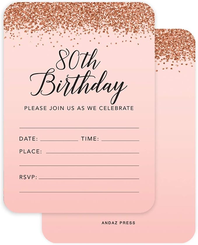 Andaz Press Blush Pink and Rose Gold Glitter Elegant Party Invitation, 5x7-inch Invitations with Envelopes, 80th Birthday, 24-Pack, Double Sided Printing, 80th Birthday Invitations Girl For Women