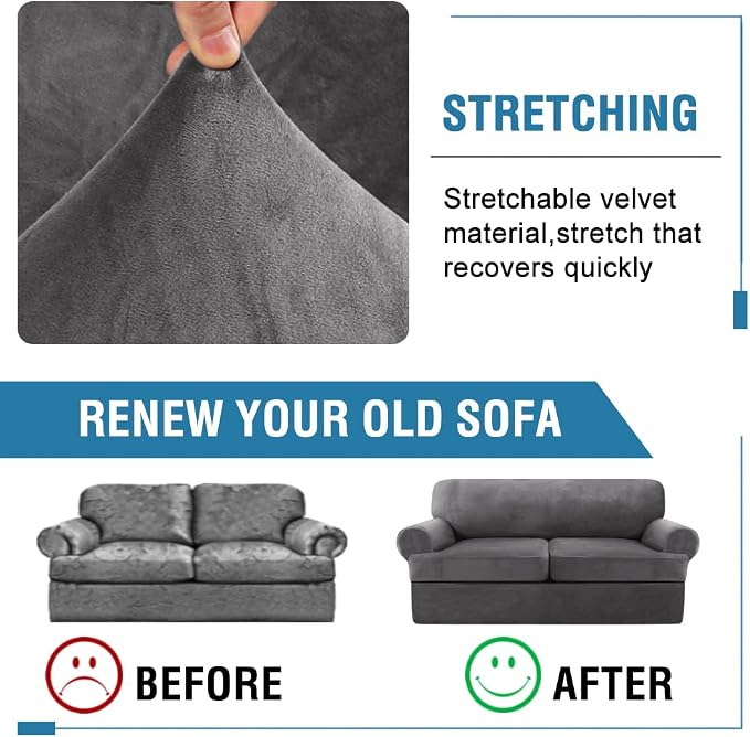 H.VERSAILTEX Sofa Cover 3 Piece T Cushion Loveseat Slipcovers Thick Velvet Couch Cover Stretch T Cushion Sofa Covers for 2 Cushion Couch with 2 Individual T Cushion Covers Washable, Grey