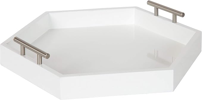 Kate and Laurel Lipton Modern Hexagon Tray, 18 x 18, White and Silver, Decorative Tray for Storage and Display