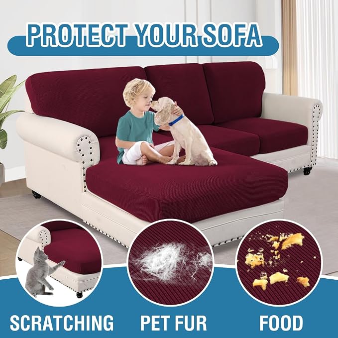 H.VERSAILTEX Sectional Couch Covers 6 Pieces Stretch Sofa Covers for Sectional Sofa Set Separate L Shaped Couch Cover for Both Left/Right Couch (Seat and Back: 1 Chaise + 2 Sofa, Burgundy)