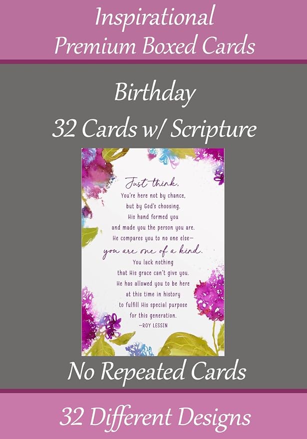 Birthday ~ No Repeated Designs~ 32 Cards and Designs ~ Christian/Religious Greeting Card Assortment #2 ~ Scripture in every card ~ Envelopes Included