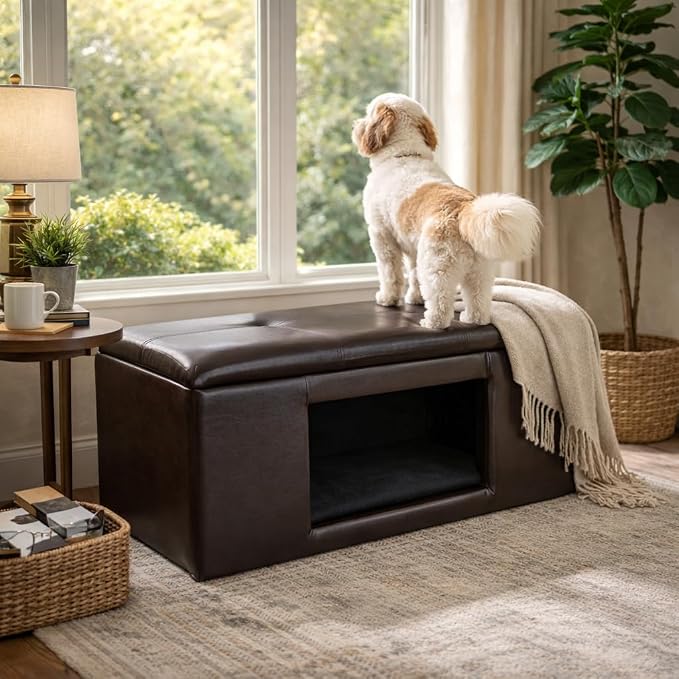 Homepop Home Decor | Button Tufted Leatherette Pet Bed & Bench | Faux Leather Pet Bed | Decorative Pet Furniture (Brown) 38" x 18" x 18"