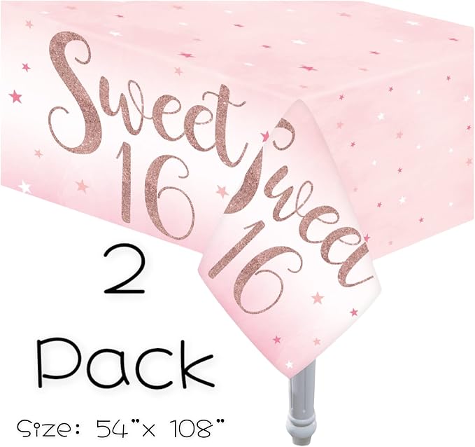 Oojami Sweet 16 Party Supplies for Girls, Serves 24 – Rose Gold Plates, Napkins, Cups, Table Covers, Balloons, Banner, Cake Topper & Candle – 16th Birthday Decorations Set