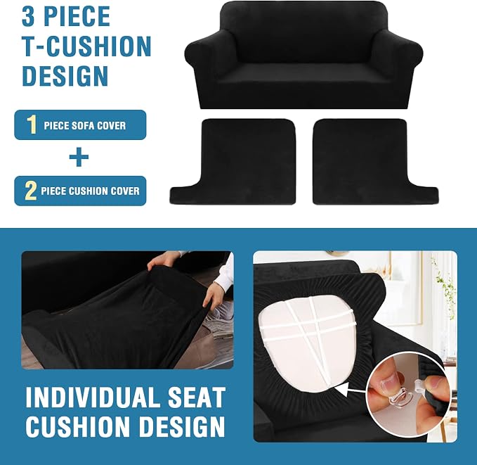 H.VERSAILTEX Sofa Cover 3 Piece T Cushion Sofa Slipcovers Thick Velvet Couch Cover Furniture Protector Stretch T Cushion Sofa Covers for 2 Cushion Couch with 2 Individual T Cushion Covers, Black